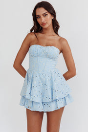 Paris Muse Gathered Bust Embroidered Romper Blue