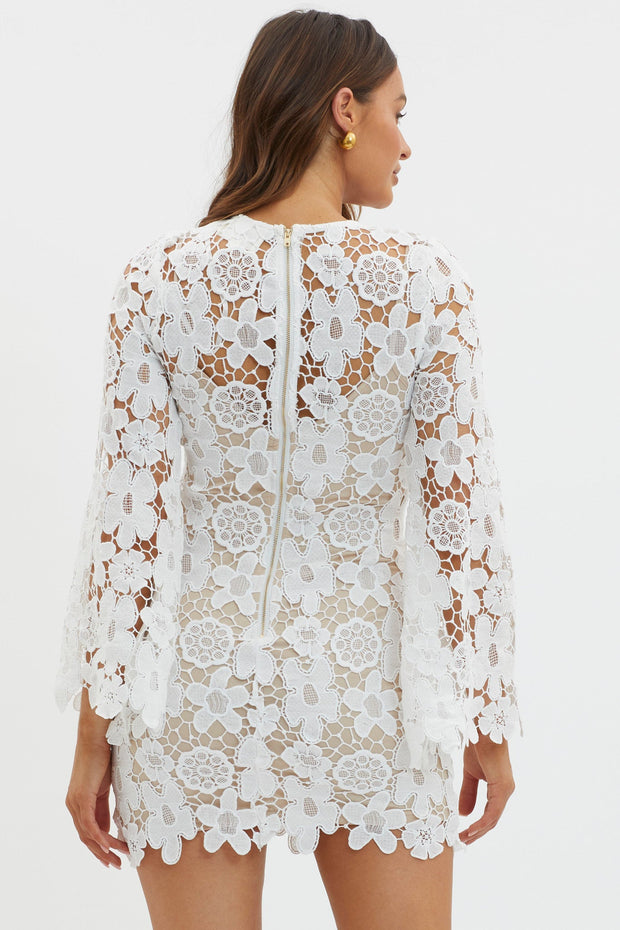 Reinhart Flared Sleeve Crochet Lace Dress White