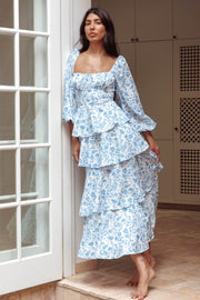 Provence Bloom Long Sleeve Maxi Dress Floral Blue