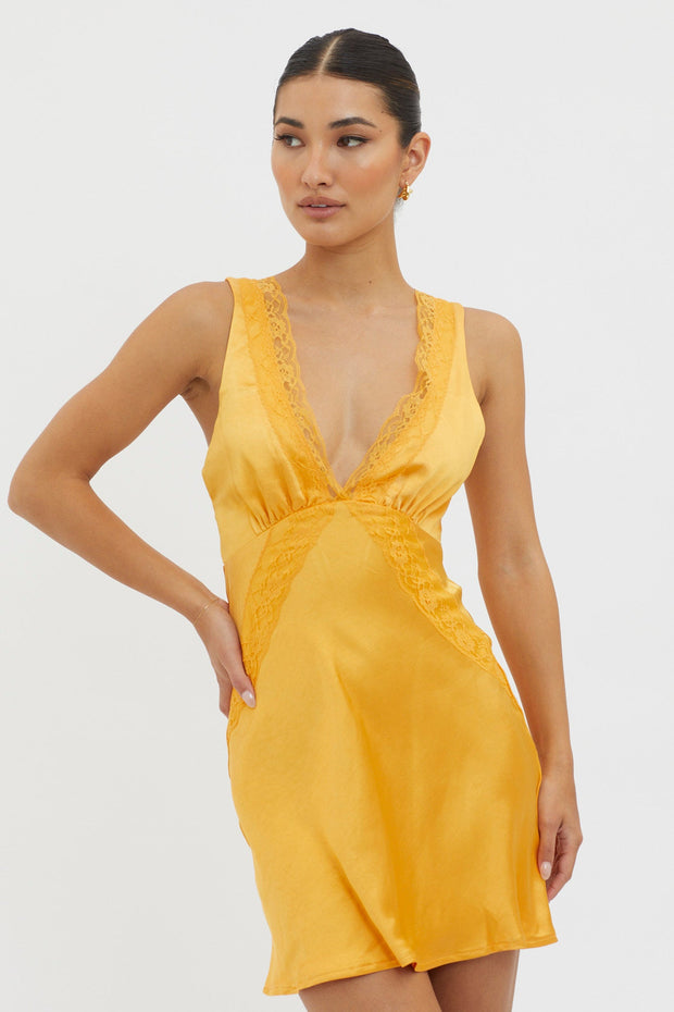 Ivonne Lace Trim V-Neck Mini Dress Tangerine